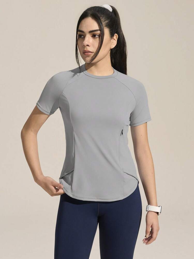 In My Nature Women's Colorblock Grey Sportswear Athletic Top Raglan Short Sleeve Stand Collar Daily Gym Fitness Outdoor Hiking Sports Tee For Autumn - Grey - View 3