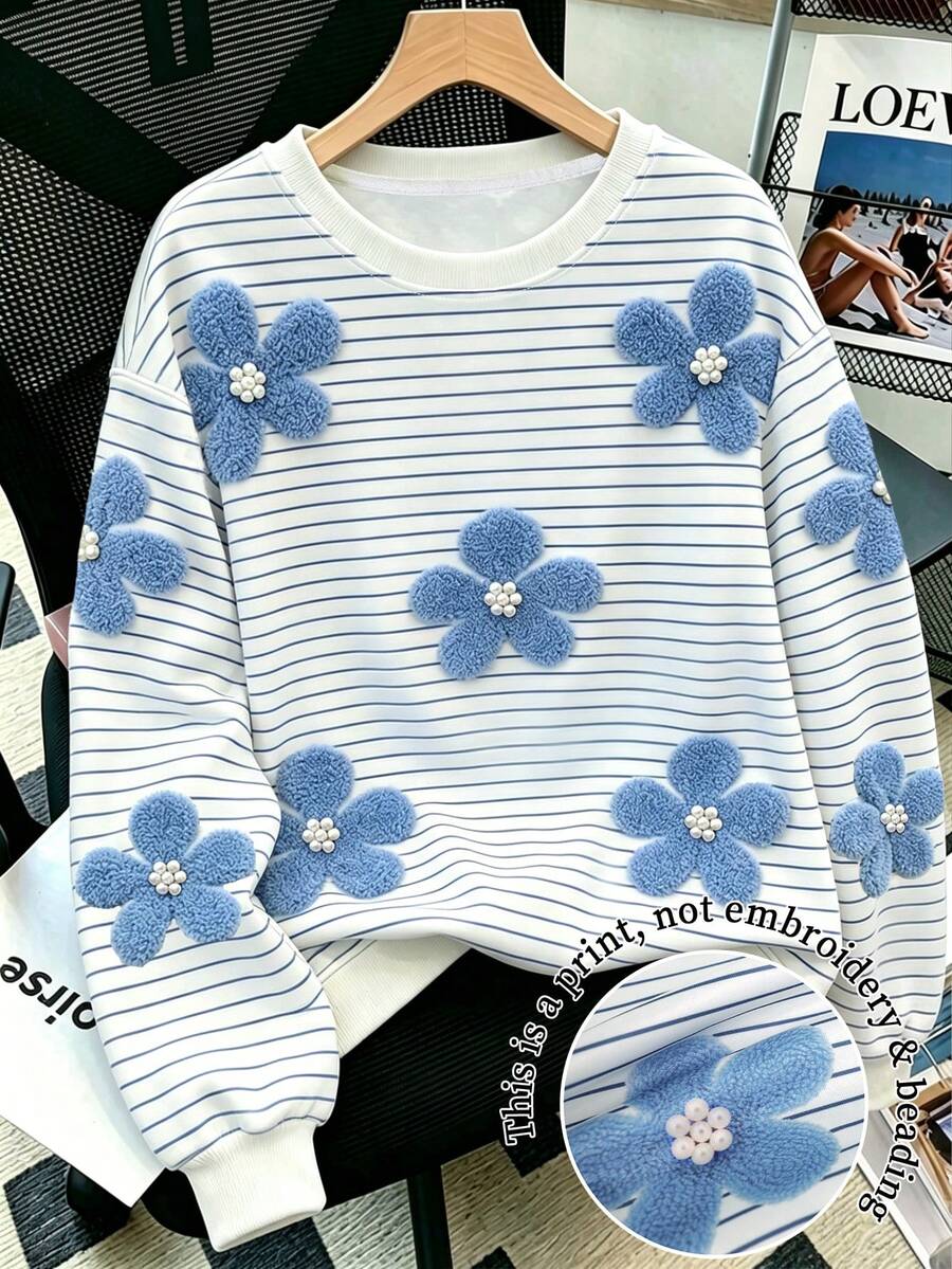 Resyla 秋冬女款圓領運動衫,亮藍色花卉與條紋印花圖案,圖形設計,高級感,寬鬆舒適版型,休閒百搭,適合運動、返校、通勤 - 彩色 - 查看 1