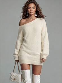 LUMIGAL Women's Cold Shoulder Asymmetric Cold Shoulder Lantern 3/4 Sleeve Ribbed Hem Knit Dress Going Out Date White Autumn Casual Sexy - Apricot - View 3