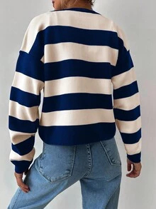 EURMUSE Women's Autumn Striped Long Sleeve Metal Single-Breasted Knit Cardigan - Dusty Blue - View 2