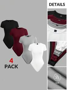 SHEIN BASICS 4pcs/Set Casual Solid Color Knit Crew Neck Short Sleeve Form-Fitting Women Bodysuits Summer Clothes - Multicolor - View 10