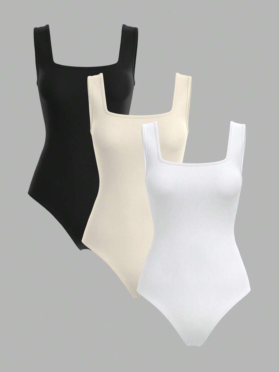SHEIN BASICS 3pcs/Set Body de punto de unicolor con hombros abiertos casual para mujer, ropa de verano