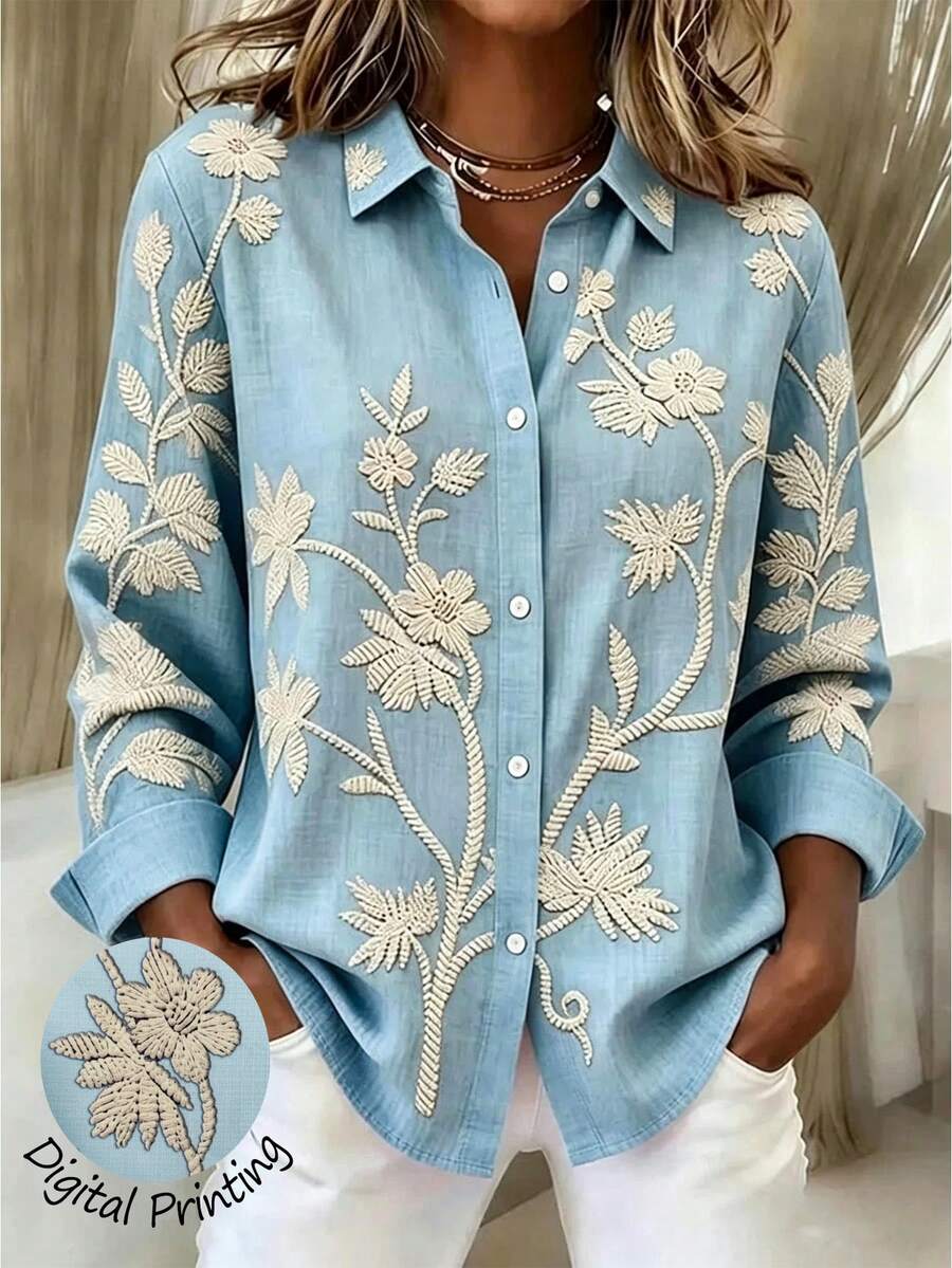 SHEIN 女款極簡風 3D 印花長袖襯衫 - 藍色 - 查看 1