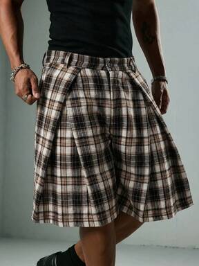 ROMWE MEN Street Life Men's Casual Pocket Button Pleated Plaid Shorts