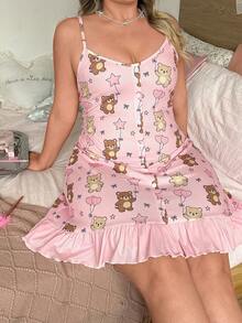 Slumberry CURVE Sweet Cute Ins Cartoon Bear Balloon Print Ruffle Hem Y2K Plus Size Women's Nightgown - Multicolor - View 6