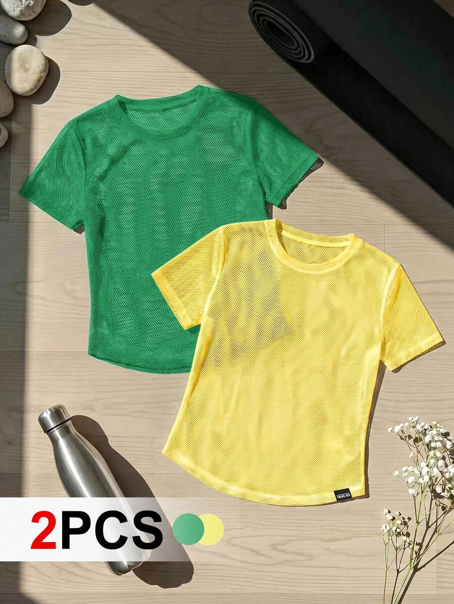 Cheerettes Women's 2pcs Solid Color Hollow Out Sheer Short Sleeve Athleisure Sports T-Shirt , Emerald Green/Light Yellow, All Seasons, For Gym& Fitness Training - Multicolor - View 1