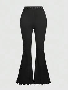 SHEIN MOD 女款時尚性感雞眼喇叭褲街頭風 - 黑色 - 查看 5