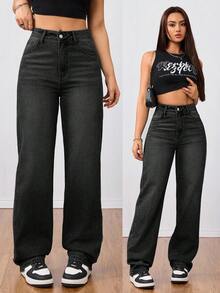 SHEIN Tall 女款高腰男友牛仔褲，淡藍色水洗 Y2K 風格丹寧長褲，適合高個女性 - 黑色 - 查看 6