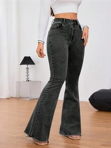 SHEIN Tall 女款休閒純色牛仔褲，簡約時尚，適合日常穿著，高個女性適用 - 黑色 - 查看 4