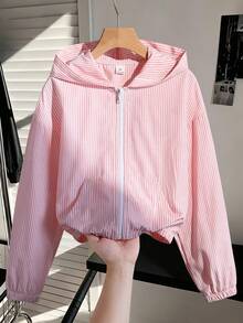 SHEIN 青少年女孩時尚條紋拉鍊長袖口袋連帽外套 - 粉色 - 查看 9