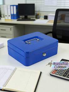 1 pieza Caja de caudales de acero mediana con bandeja para dinero, caja con cerradura (color de la llave aleatorio) - Azul - Ver 1