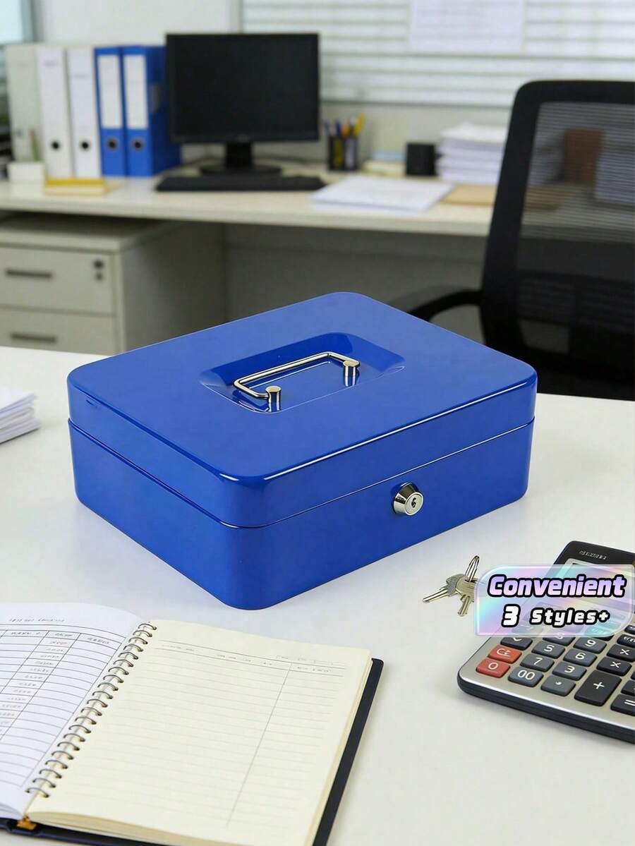 1 pieza Caja de caudales de acero mediana con bandeja para dinero, caja con cerradura (color de la llave aleatorio) - Azul - Ver 1