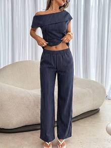 Siren Gaze Women Summer Casual Striped Foldover Asymmetric Collar Fitted Top Wide Leg Pants 2 Sets Elegant Going Out Vacation Y2k Work Office Business - Navy Blue - View 6