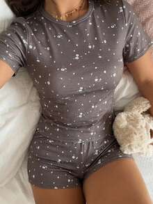 DAZY Ditsy Floral T-Shirt Short Sleeve Fitted Pajama Set - Rust Brown - View 6
