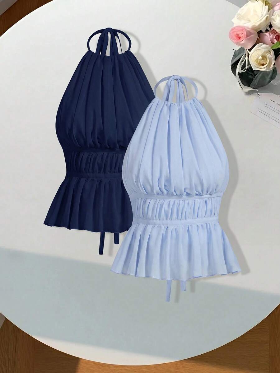 Comfortcana Women's Sexy Solid Color Ruched Backless Camisole 2-Piece Set, Summer Top - Multicolor - View 1