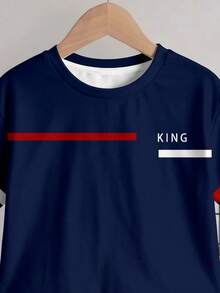 Young Boy Casual Minimalist T-Shirt Set, Classic Striped Pattern Print, Classic Text "King" Pattern Print, Suitable For Spring And Summer - Multicolor - View 6