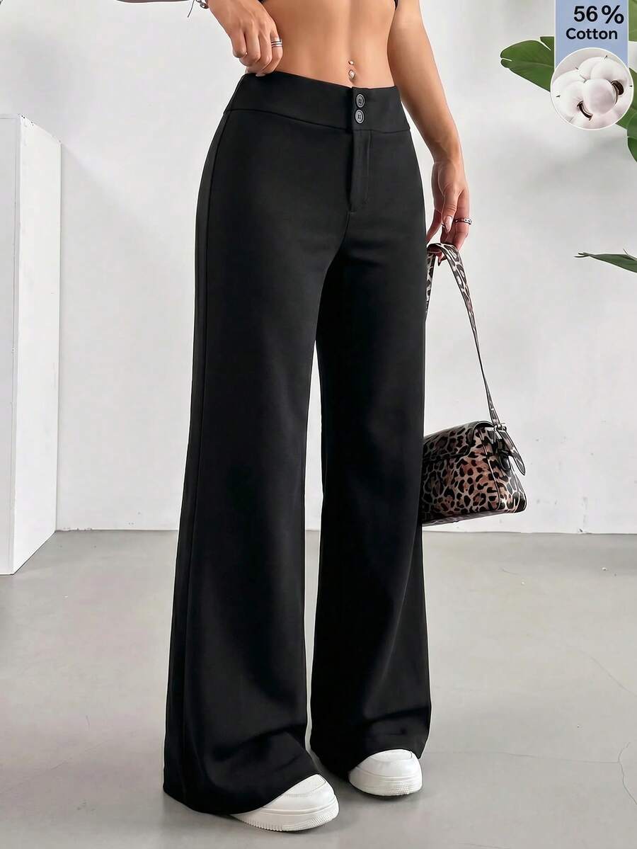 SHEIN EZwear 休閒百搭通勤黑色喇叭褲 - 黑色 - 查看 1
