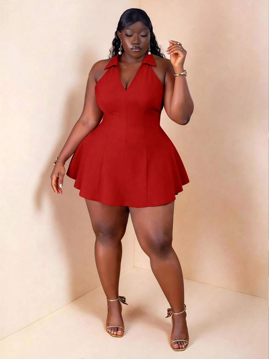 CurvyTilda 大尺碼純色細肩帶露背洋裝,女性生日派對洋裝 - 紅色 - 查看 1
