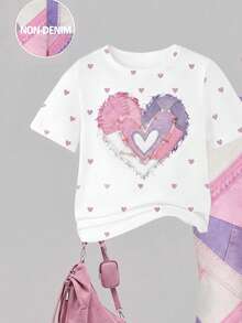SHEIN Elladie kids 2件組復古粉色愛心印花T恤與喇叭褲套裝，可愛夏季返校女孩穿搭，Y2K校園風，新款圓領短袖T恤搭配鬆緊腰喇叭長褲，簡約百搭時尚通勤套裝 - 彩色 - 查看 5