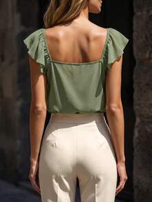 Flora Isola Flora Isola Women's Summer V-Neck Hollow Out Ruffle Trim Camisole Top, French Style Elegant Loose Fit Slimming Commuter Brunch Date Design Blouse Sage Green - Green - View 2