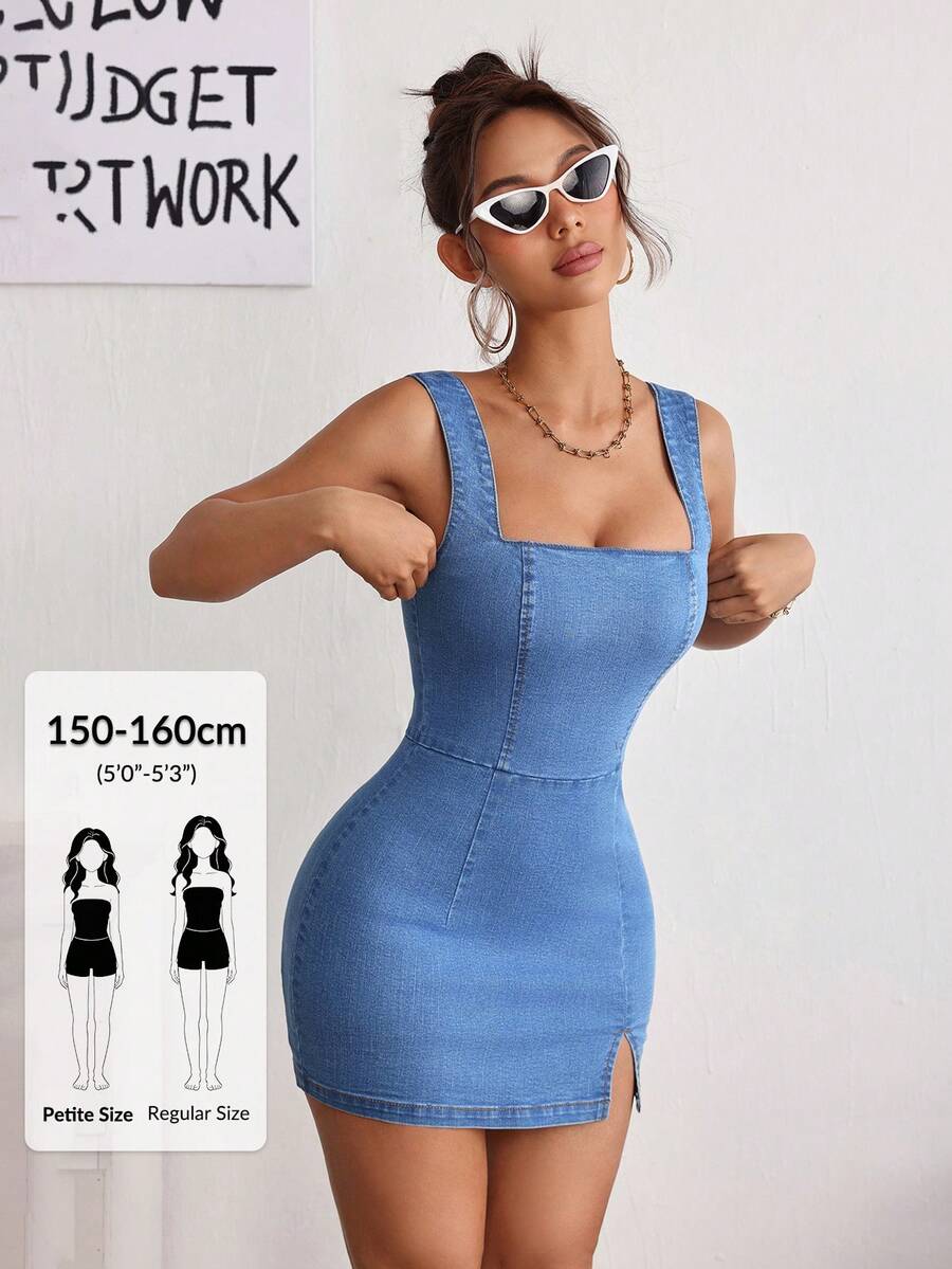 SHEIN PETITE 女款方領無袖修身休閒牛仔洋裝，適合嬌小身型女性 - 藍色 - 查看 1