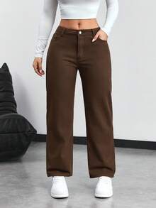 SHEIN PETITE Casual Versatile Low-Waist Straight-Leg Jeans ,Petite Women - Chocolate Brown - View 6