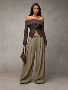 SHEIN BAE Women's Casual Everyday Pleated Wide Leg Pants - Army Green - View 5