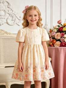 SHEIN Elladie kids 女童圓領短袖百褶滿版印花優雅花童夏季婚禮禮服 - 白色 - 查看 7