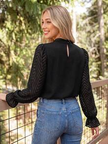 Coeurva Frilled Neck Flounce Sleeve Blouse,Long Sleeve Tops Winter Elegant Black Black Spring - Black - View 2