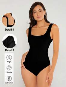 SHEIN BASICS Body de unicolor con escote cuadrado y ajuste ceñido, atuendo de verano para mujer - Negro - Ver 6