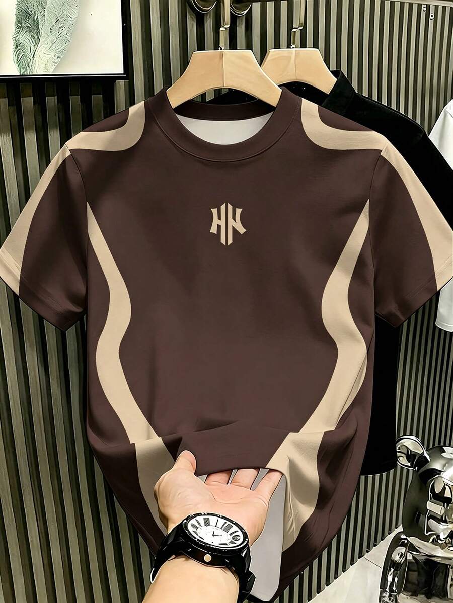Manfinity Hypemode 新款時尚男士棕色不對稱拼色T恤,適合日常穿著與聚會 - 彩色 - 查看 1