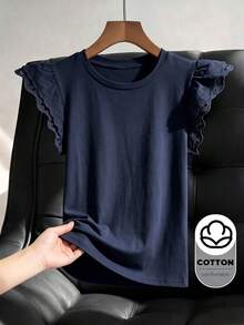 Franclia Women's Solid Color Round Neck Hollow Embroidery Ruffle Sleeve Casual T-Shirt - Navy Blue - View 3