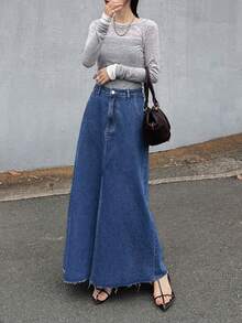 FRIFUL Women's Casual Washed Long Denim Skirt Fall - Blue - View 5