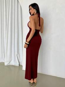 Firerie Women's Elegant Spring/Summer Sexy Holiday Party Night Music Festival Vacation V-Neck Metal Decor Halter Backless Waist Cutout Burgundy Red Long Dress - Burgundy - View 10