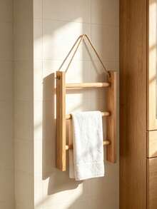 1PC 3 Tier Large Solid Wood Vintage Rustic Ladder Shelf Towel Rack Display Stand For Bathroom Living Room Store Home Decor Freestanding Storage Organizer - wood color - View 5