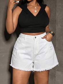 SHEIN PETITE CURVE Plus Size Women's Summer Frayed Pocket Ripped Denim Shorts - White - View 6