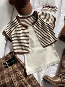 Comfortcana Women's White And Brown Raglan Short Sleeve Casual French Thin Cardigan Brunch Summer - Multicolor - View 8