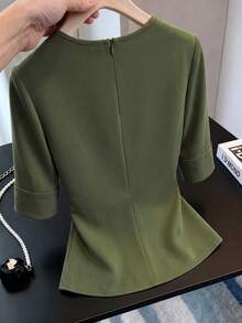 SHEIN Franclia 女款純色圓領休閒百搭日常穿著襯衫 - 軍綠色 - 查看 2