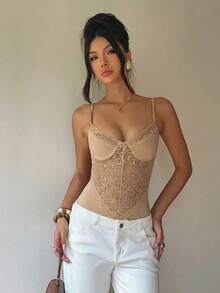 Aloruh Camisole Rajut Khaki Pas Badan untuk Wanita dengan Detail Renda Kontras - Khaki - View 4