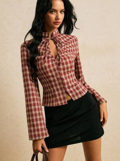 Poéselle Women's Plaid Pleated Casual Versatile Daily Wear Top,Elegant Blouses,Casual Blouses, Work Outfits,Chic Top,Going Out Tops ,Cute Tops,Fall/Winter