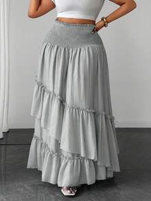Maweii Plus Size Women's Solid Color Shirred Waist Ruffle Hem Skirt For Vacation Fall - Light Grey - View 5
