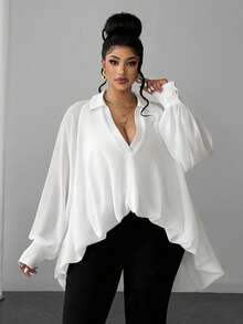 Maweii Plus Size Casual Loose V-Neck White Design Asymmetrical Hem Women's Blouse Fall - White - View 2