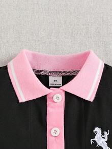 SHEIN 1件女童粉黑拼色短袖洋裝，3D蝴蝶結設計，POLO領配鈕扣，馬匹動物刺繡，收腰設計，可愛休閒韓風優雅甜美迷你洋裝，適合夏季日常穿著或室內場合 - 黑色 - 查看 6