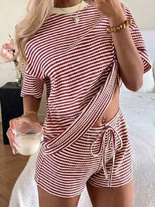 SHEIN EZwear 女士红白条纹T恤短裤两件套 - 紅白色 - 查看 5