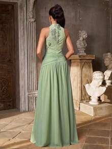 Aureia Elegant Green Luxury 3D Floral Sequin Embroidered Small Stand Collar Asymmetric Waistline Slimming Waist Pleated Oversized A-Line Skirt Suitable For Date Beach Vacation Beach Wedding Event Bachelorette Party Graduation Back To School Season All Formal Occasions Women's Evening Gown - Grass Green - View 3