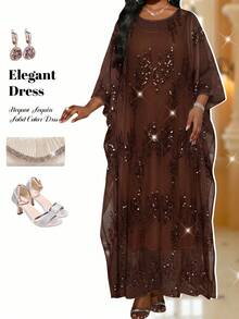 Fleurora Plus Size Elegant French Style Sequin Detail Dress For Evening Party And Date - Coffee Brown - View 1