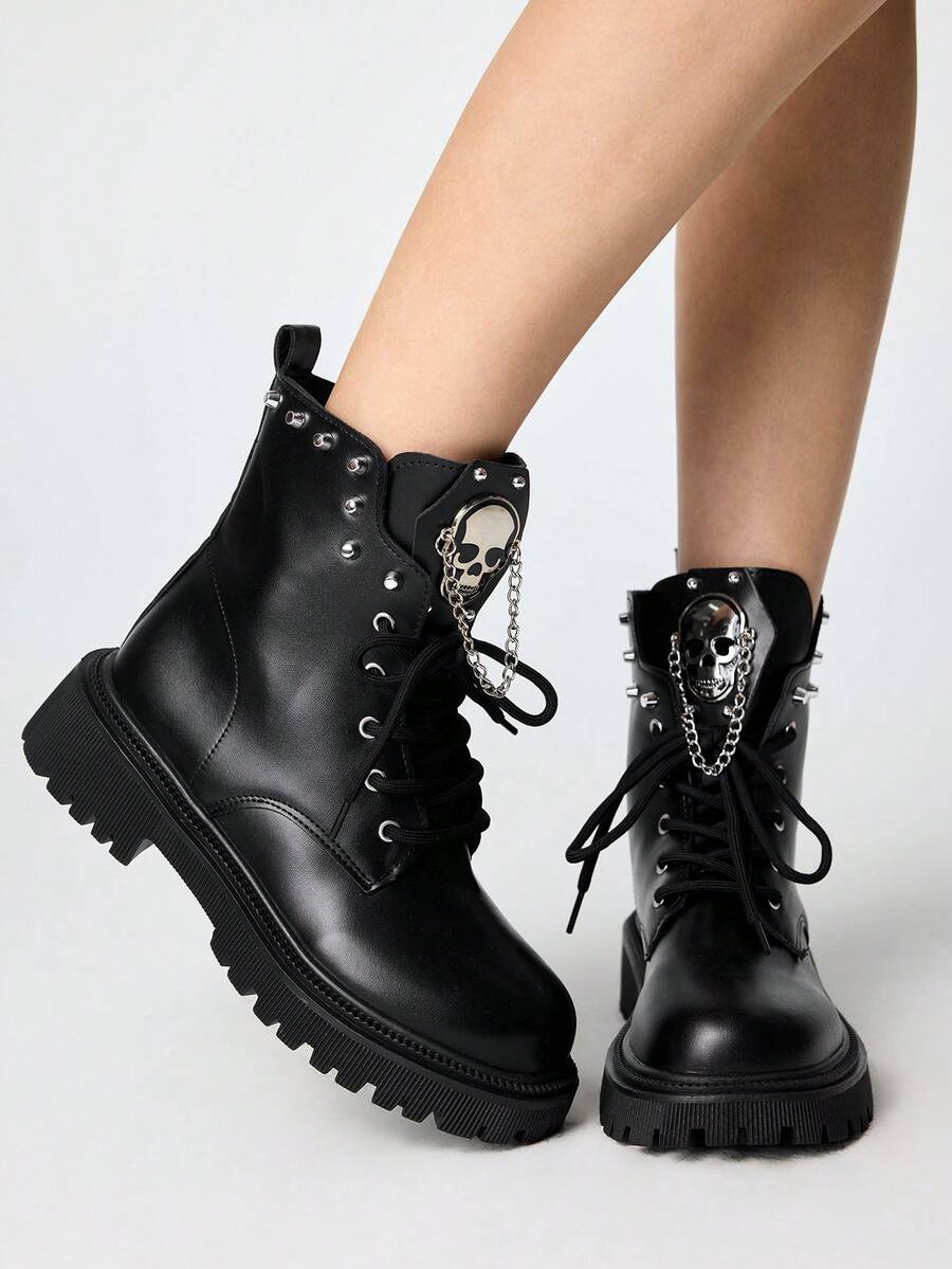 ROMWE Grunge Punk 女款復古厚底短靴,金屬鉚釘龐克風,骷髏鏈條設計,5cm厚底,拉鍊款,日常穿搭,黑色,聖誕Y2K風格 - -黑.色- - 查看 1