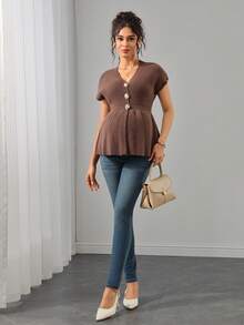 Momance Maternity Sweater Vest, Fitted V-Neck With Metal Button Design, Solid Color Knit, Casual Everyday Wear, Versatile Outerwear Winter - Brown - View 6