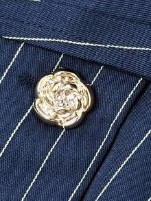 Elenzga 春季新款藍色條紋優雅通勤風收腰喇叭褲裝飾扣設計壓褶女裝兩件套 - 藍色 - 查看 7