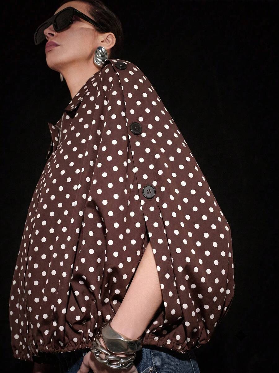 Lumivelle 女款棕色與白色波點時尚百搭休閒優雅復古夾克,適合日常穿著與派對,秋季款 - 鏽棕色 - 查看 1